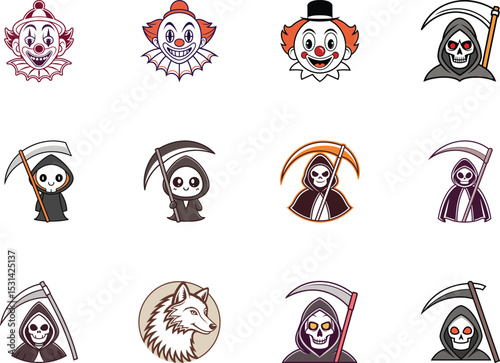 Cartoon characters of clown, grim reaper, and wolf icons displayed on a white background