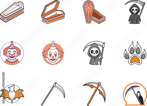 Halloween cartoon icons showcase coffins, grim reapers, a clown, paw prints, and scythes