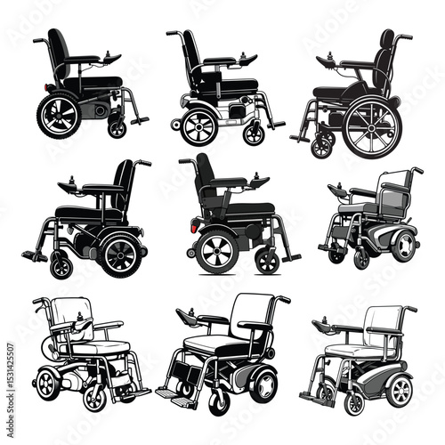Electric Power Wheelchair Mobility Aid Vector Illustration Set
