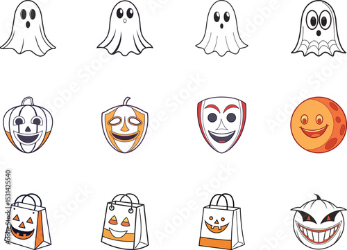 Cartoon ghosts, jack o lanterns, masks, moon, and bags are ready for Halloween
