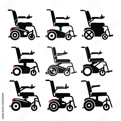 Electric Power Wheelchair Silhouette Vector Icon Set