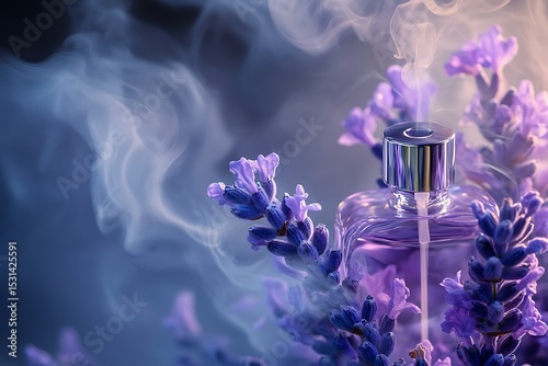 Perfume bottle with lavender flowers on purple background, close up