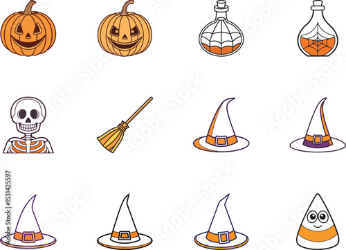 Colorful cartoon Halloween icons featuring pumpkins, a skeleton, potion bottles, hats, broom and candy corn