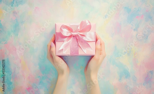 Pink gift box held in hands, pastel background