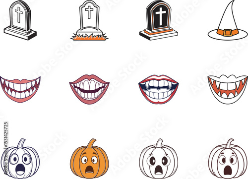 Halloweenthemed icons display tombstones, witch hats, spooky mouths, and pumpkins against a transparent backdrop