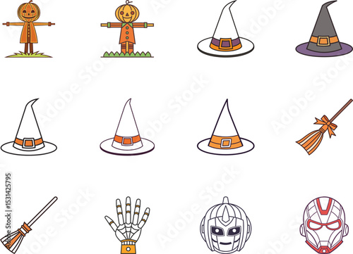 This fun set of Halloween icons features classic and modern spooky symbols on transparent backdrop