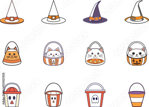 Halloween set features outlined witch hats and buckets with playful feline face