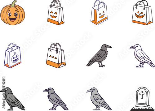 Pumpkin, Halloween bags, crow and tombstone elements are displayed on the white background here
