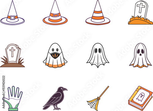 Simple outline style icons showcase varied Halloween theme elements on a white transparent background