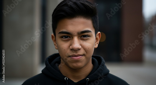 A teenage boy smirking confidently with raised eyebrow and hoodie, modern and expressive.