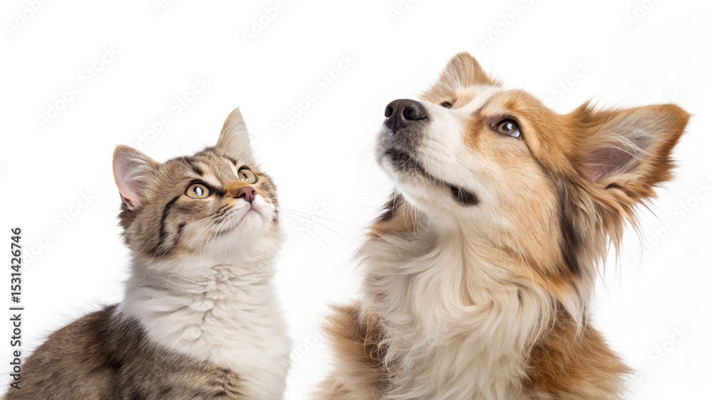 Obraz premium Curious Cat and Dog Looking Up, White Background, Close-up Portrait, Animal Friendship, Pet Photography Pet Photography, Animal Portraits