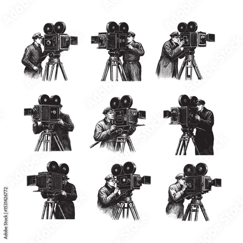 Vintage Cameraman with Antique Film Camera Engraving Illustration Set

