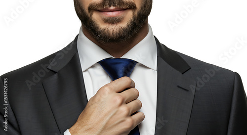 A man adjusting his tie while smirking slightly, sharp jawline and formal wear, isolated on white.