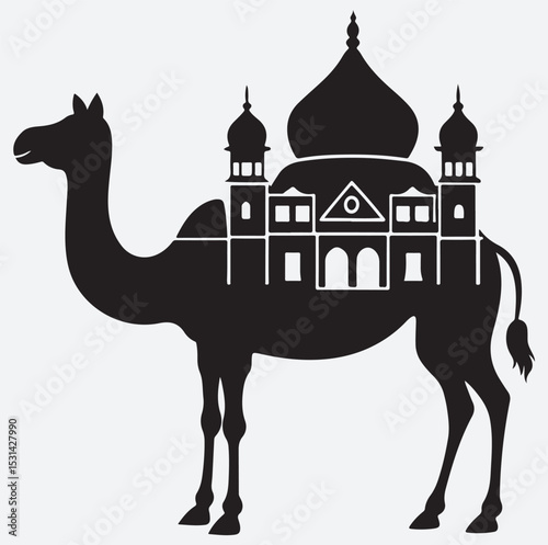 camel  with mosque domes symbol of Eid festival silhouette vector art illustration, camel in the desert