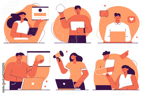 set of Social Media Marketing illustrations Collection of scenes with men and women taking part in business activities. Trendy vector style