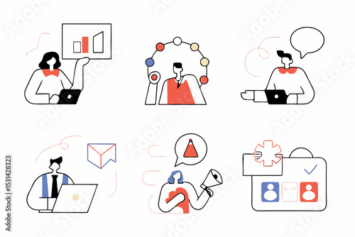 set of Social Media Marketing illustrations Collection of scenes with men and women taking part in business activities. Trendy vector style
