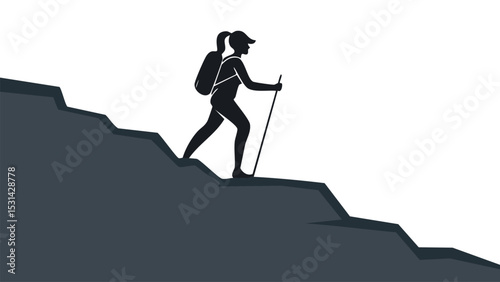 Woman Hiker Silhouette on Mountain Slope Vector 