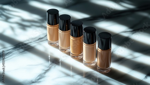 Four foundation bottles in various shades,  on a marble surface, highlighted by shadows