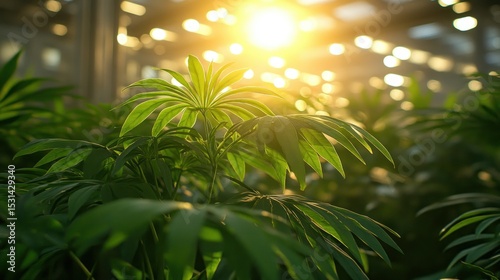 Lush green plants bathed in golden sunlight