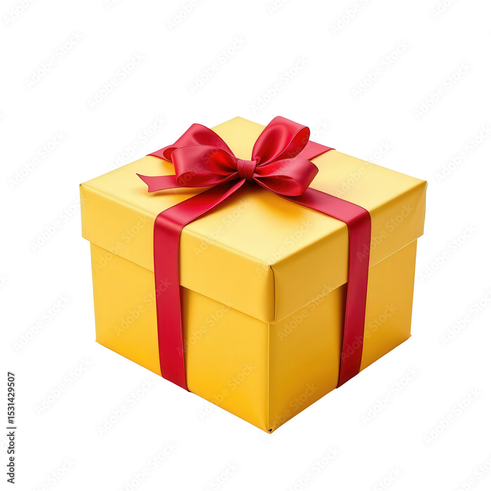 Fototapeta premium Vibrant Yellow Gift Box with Red Satin Ribbon Perfect for Celebrations and Special Occasions