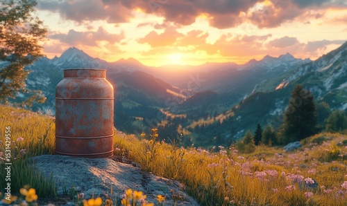 Rusty milk can on a mountaintop at sunset