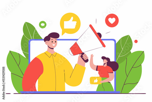 set of Social Media Marketing illustrations Collection of scenes with men and women taking part in business activities. Trendy vector style