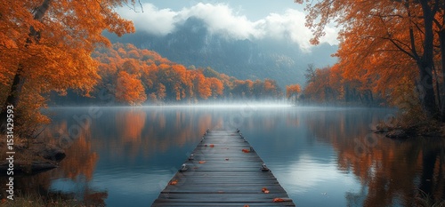 Autumnal lake vista with wooden pier