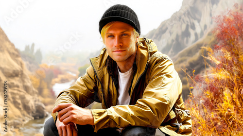 A young adult man posing outdoors in a rugged mountain environment during the day.