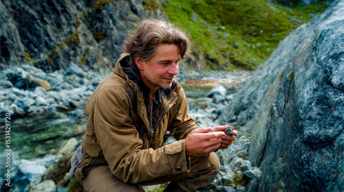A thoughtful geologist in worn field clothes exploring the outdoors, intently observing geological samples in a rugged, natural mountain setting.