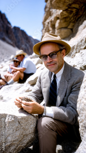 A formally dressed senior adult man sitting on rocks, gently holding in hands plants in a sunny outdoor mountain landscape.