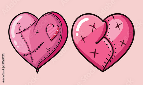 Patchwork Pink Broken Hearts Mended Love & Valentine's Day Heartbreak Illustration