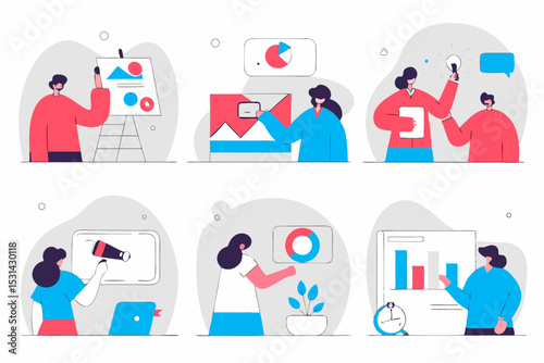 set of Social Media Marketing illustrations Collection of scenes with men and women taking part in business activities. Trendy vector style