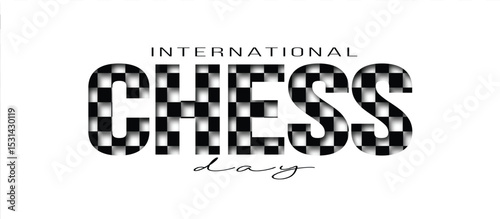international chess day word text lettering typography illustration with chessboard square copyspace, chess letters with inside black and white chess board grid layer, Chessboard Inside Text Poster ba