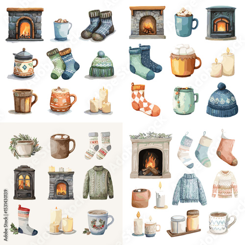 Charming watercolor set of fireplaces, mugs, socks, candles, sweaters, and winterwear accessories capturing cozy holiday and hygge vibes.


