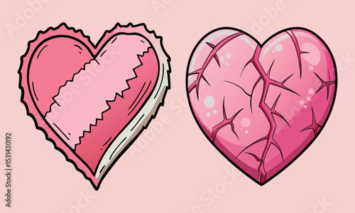 Pink Broken & Stitched Hearts Emotional Love and Heartbreak Symbolism Illustration