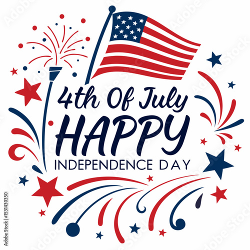 Festive 4th of July Circular Graphic: Happy Independence Day Design with US Flag & Fireworks