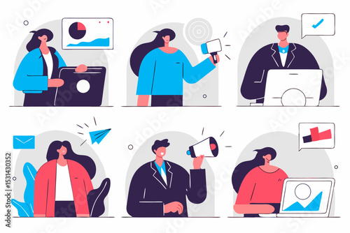 set of Social Media Marketing illustrations Collection of scenes with men and women taking part in business activities. Trendy vector style