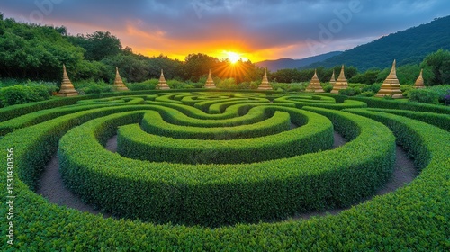 Lush green topiary maze at sunset