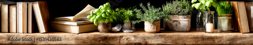 Assorted green plants and old books on a rustic wooden shelf.