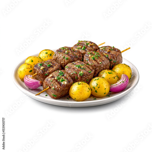 Moroccan beef skewers with grilled mini potatoes and red onion on a round white plate.