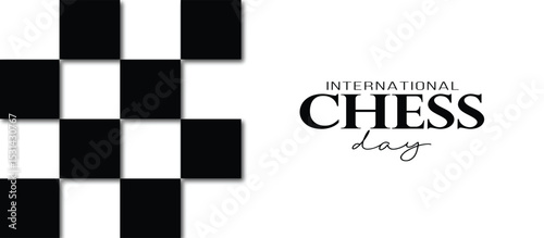 International chess day text word typography calligraphy with black and white chess board square  illustration with copyspace background,chess Board Pattern backdrop Design chess day Word Art