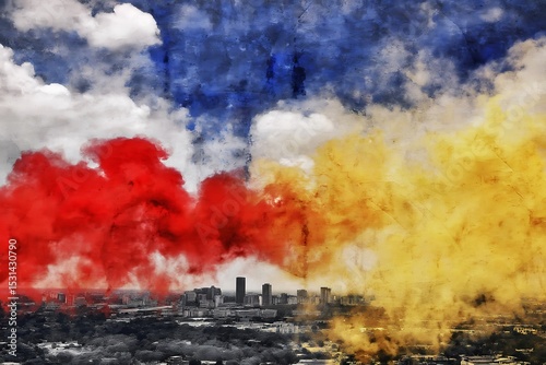 Cityscape with colorful smoke artistic rendering
