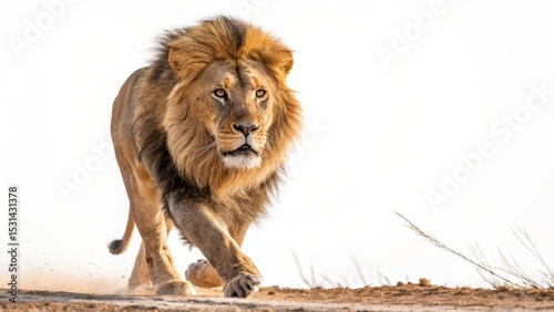 Majestic Male Lion Walking Towards Camera Full Body Shot, White Background, Wildlife Photography, African Safari Lion, Wildlife photography