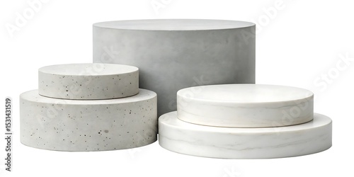 Concrete and marble cylinders isolated on white background