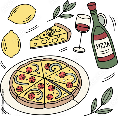 Line art color food and fruit icon set 
