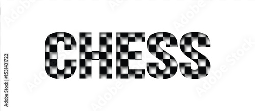chess word text typography lettering with inside black and white chess board square pattern papercut cutout design background, Minimalist Chess Design, world chess day cutout style sign Chess Illustra