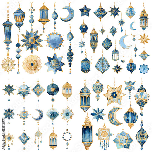 Luxurious watercolor collection of Islamic lanterns, stars, moons, and geometric ornaments in elegant blue and gold for Ramadan and Eid designs.

