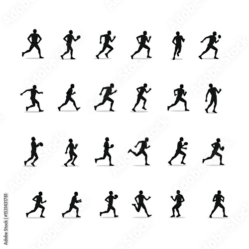 American football player silhouettes running set action poses
