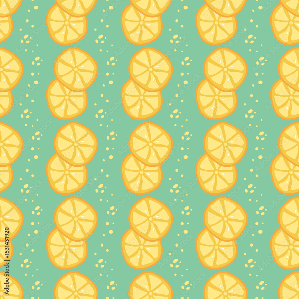 Bright summer seamless pattern with yellow lemons. Vector slices of citrus fruit in flat style on green background. Bright summer seamless pattern with yellow lemons. Vector slices of citrus fruit in flat style on green background.