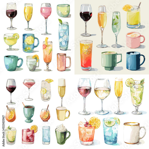 Elegant watercolor drink collection featuring wine, cocktails, juice, mugs, and lemon water in assorted glasses for beverage-themed designs.

